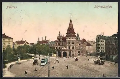 AK München, Stiglmaierplatz mit Strassenbahn