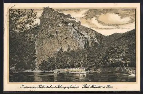 Künstler-AK Bad Münster a. Rhein, Restauration Huttental mit Rheingrafenstein