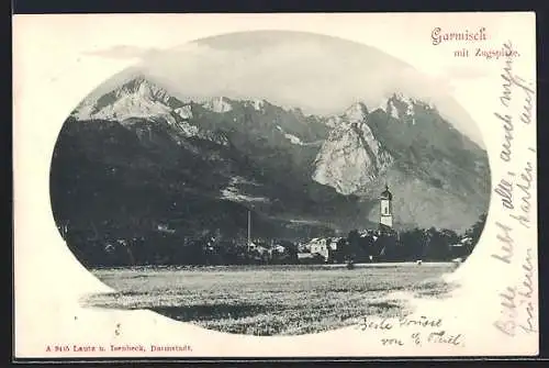 AK Garmisch, Ortsansicht mit Zugspitze