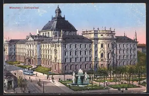 AK München, Justizpalast mit Strassenbahn und Springbrunnen