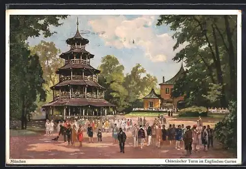 AK München-Schwabing, Besucher am Chinesischen Turm