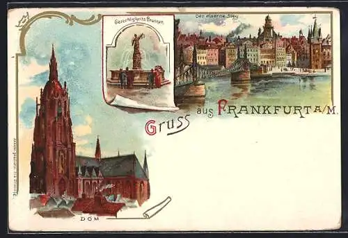 Lithographie Alt-Frankfurt, Dom, Gerechtigkeits-Brunnen, Der eiserne Steg