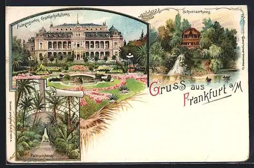Lithographie Frankfurt-Westend, Palmengarten Gesellschaftshaus und Schweizerhaus