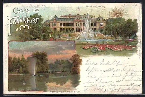 Lithographie Frankfurt-Westend, Gesellschaftshaus Palmengarten, Weiher