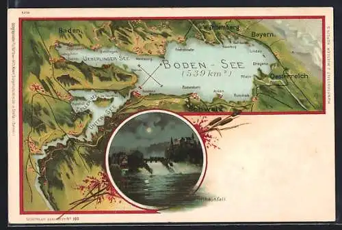 Lithographie Lindau / Bodensee, Landkarte mit Bregenz, Konstanz und Mainau, Rheinfall