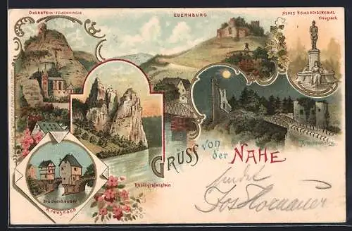 Lithographie Bad Kreuznach, Oberstein-Felsenkirche, Rheingrafenstein, Neues Bismarckdenkmal
