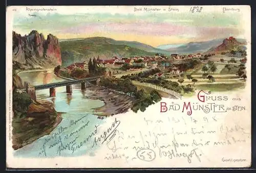 Lithographie Bad Münster am Stein, Gesamtansicht mit Rheingrafenstein und Ebernburg