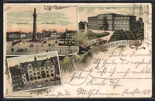Lithographie Darmstadt, Louisenplatz mit Monument, Neues Palais, Marktplatz
