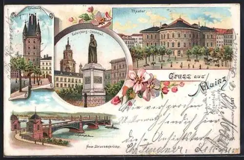 Lithographie Mainz, Holzthurm, Gutenberg-Denkmal, Theater