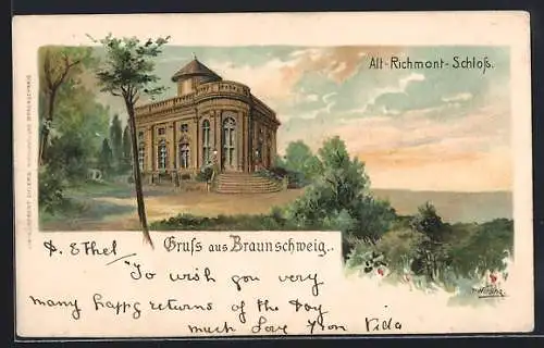 Lithographie Braunschweig, Alt-Richmont-Schloss mit Panorama
