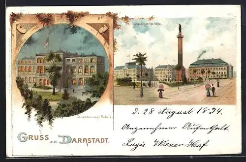 Lithographie Darmstadt, Grossherzogl. Palais und Louisenplatz
