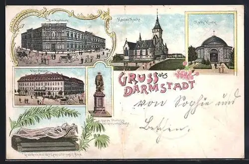 Lithographie Darmstadt, Bankgebäude, Martins Kirche, Altes Palais
