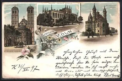 Lithographie Köln, Gereon-Kirche, Wallraf-Richartz-Museum, St. Aposteln-Kirche