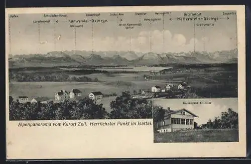 AK Zell im Isartal, Talpanorama mit dem Karwendel-Gebirge, das Restaurant Dittmar