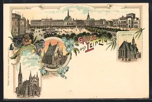 Lithographie Leipzig, Thomas-Kirche, Nicolai-Kirche, Peter`s-Kirche