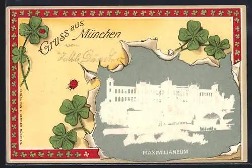 AK München, Maximilianeum, Vierblättriger Klee, Marienkäfer