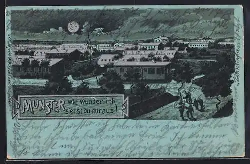 Mondschein-AK Munster, Ortsansicht bei Vollmond mit lächelndem Mond