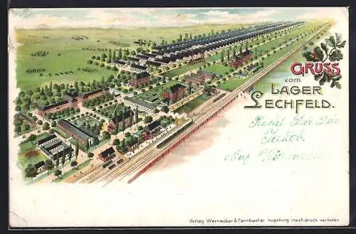 Lithographie Lager Lechfeld, Gesamtansicht mit Eisenbahnanlagen