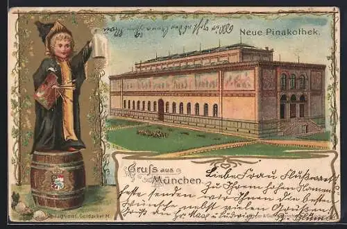 AK München, Münchner Kindl hebt sein Bierkrug, Neue Pinakothek