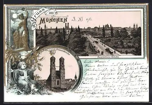 Lithographie München, Frauenkirche und Maximilian-Brücke