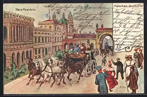 Künstler-AK München, Neue Residenz mit Pferdekutsche und Fussgängern