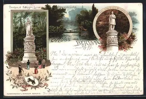 Lithographie Berlin-Tiergarten, Denkmal der Königin Luise, Löwenbrücke