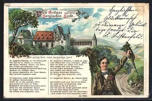 Künstler-AK Schwelm /Bergisches Land, Ortspartie mit Wanderer