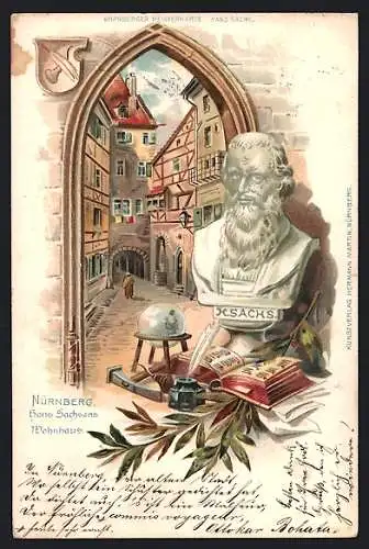 AK Nürnberg, Hans Sachsens Wohnhaus, Büste Hans Sachsen