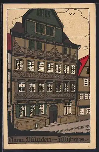 Steindruck-AK Hann. Münden, Fillyhaus mit Giebel