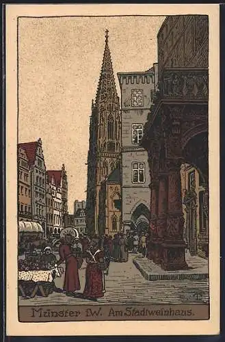 Steindruck-AK Münster i. W., Strassenpartie am Stadtweinhaus