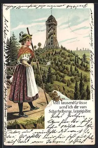 Lithographie Leipzig, Älplerin blickt zum Scherbelberg