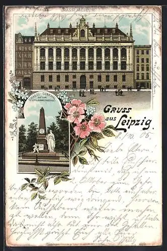 Lithographie Leipzig, Grassi-Museum, Grassi-Denkmal