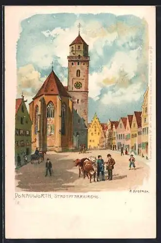 Lithographie Donauwörth, Passanten an der Stadtpfarrkirche