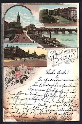 Lithographie Dresden, Brühlsche Terrasse, Elb-Quai, Köngl. Belvedere