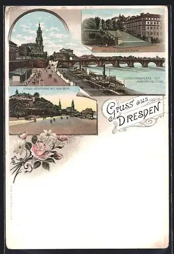 Lithographie Dresden, Ortspartien Landungsplatz mit Augustbrücke, Königl. Belvedere und Brühlsche Terrassentreppe