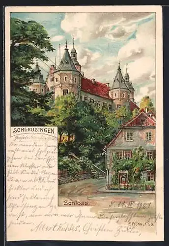 Lithographie Schleusingen, Blick zum Schloss