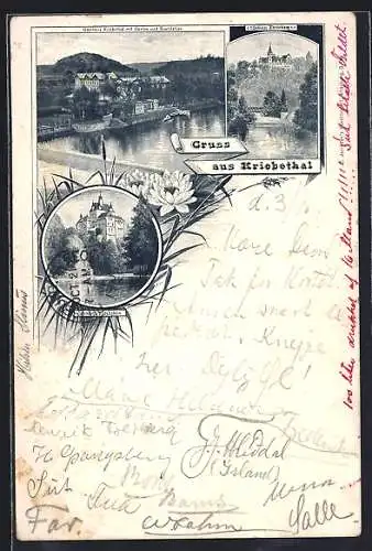 Lithographie Kriebethal, Gasthaus Kriebethal mit Farten u. Bootsstation und Schloss Ehrenberg