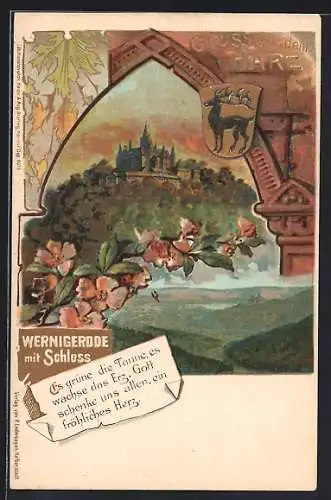 Lithographie Wernigerode /Harz, Blick zum Schloss, Wappen