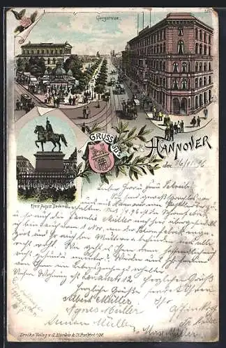Lithographie Hannover, Georgstrasse mit Kutschen und Strssenbahn, Ernst August Denkmal