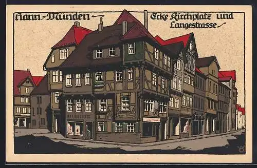 Steindruck-AK Hann-Münden, Ecke Kirchplatz und Langestrasse