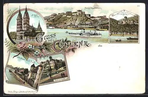 Lithographie Coblenz, Ortspartien Fort Constantion, Festung Ehrenbreitstein mit Mosel und St. Castor Kirche