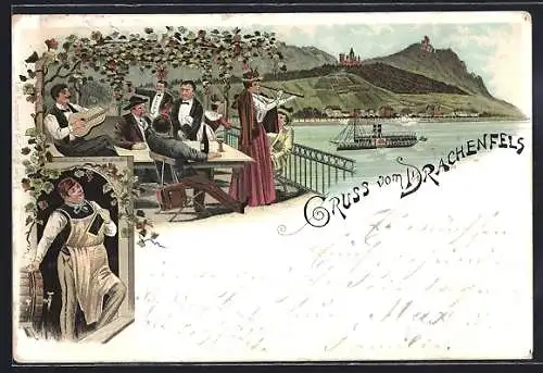 Lithographie Königswinter, Drachenfels, Gasthausbesucher auf der Terrasse