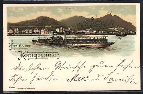 Lithographie Königswinter, Ortsansicht vom Wasser mit Drachenfels, Drachenburg und Dampfer