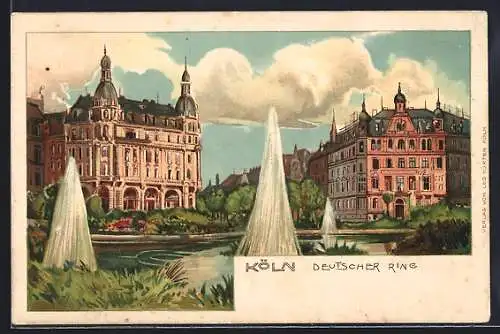 Lithographie Köln-Neustadt, Deutscher Ring mit Springbrunnen
