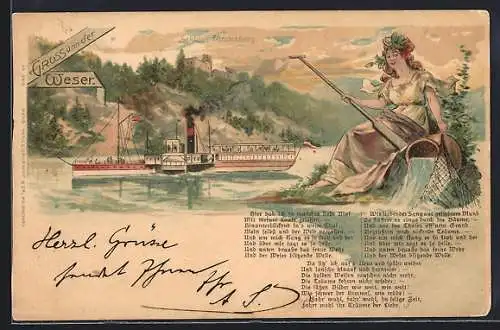 AK Fürstenberg /Weser, Schloss Fürstenberg mit Dampfer, Liedtext