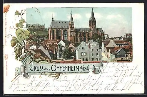 AK Oppenheim a. Rh., Kirche umgeben von Häusern