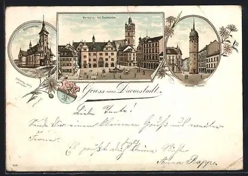Vorläufer-Lithographie Darmstadt, 1895, Partien am Marktplatz mit Stadtkirche, Weisser Turm und Martinskirche