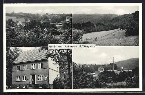 AK Hoffnungstal /Siegkreis, Geschäftshaus, Ortspartie mit Fabrikschlot, Ortsansicht