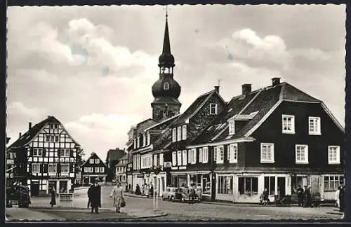 AK Wuppertal-Cronenberg, Hauptstrasse mit Kirche u. Geschäften