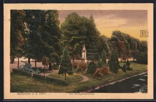 AK Bergheim /Erft, Kriegerdenkmal mit Fluss aus der Vogelschau